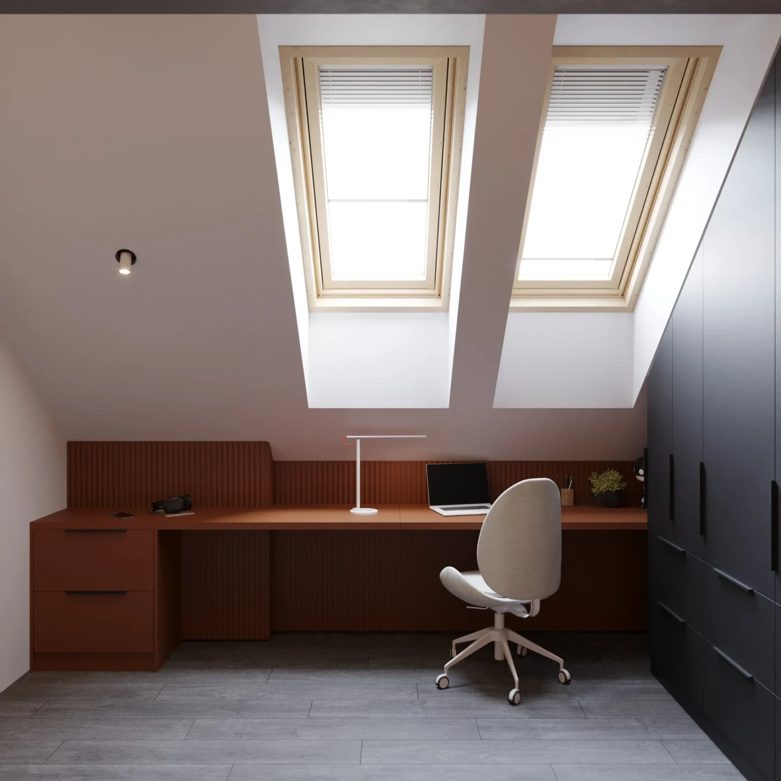 Desk under the roof slope with windows in the children's room — private house, Brovary