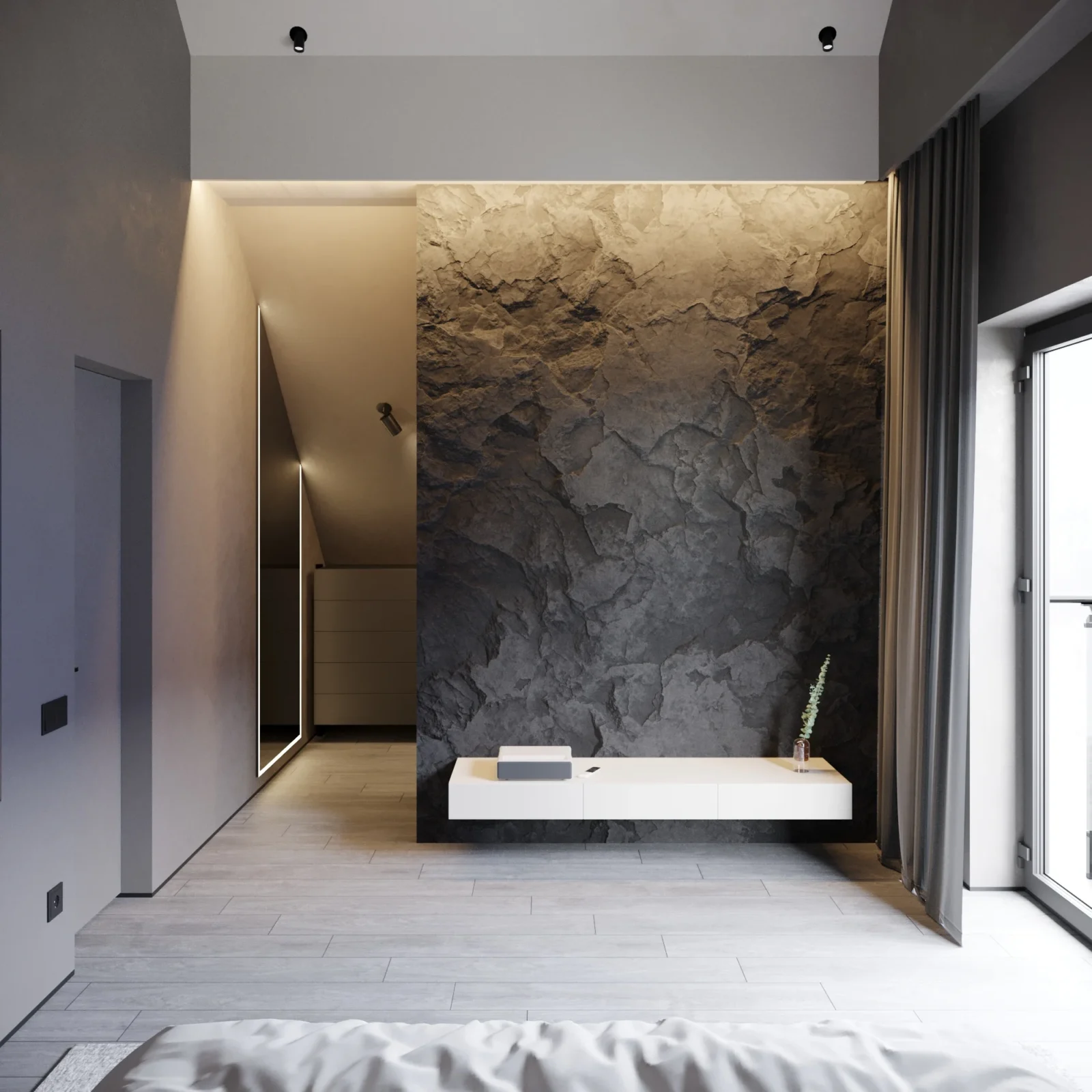 Symmetrical bedroom interior with soft lighting and double bed