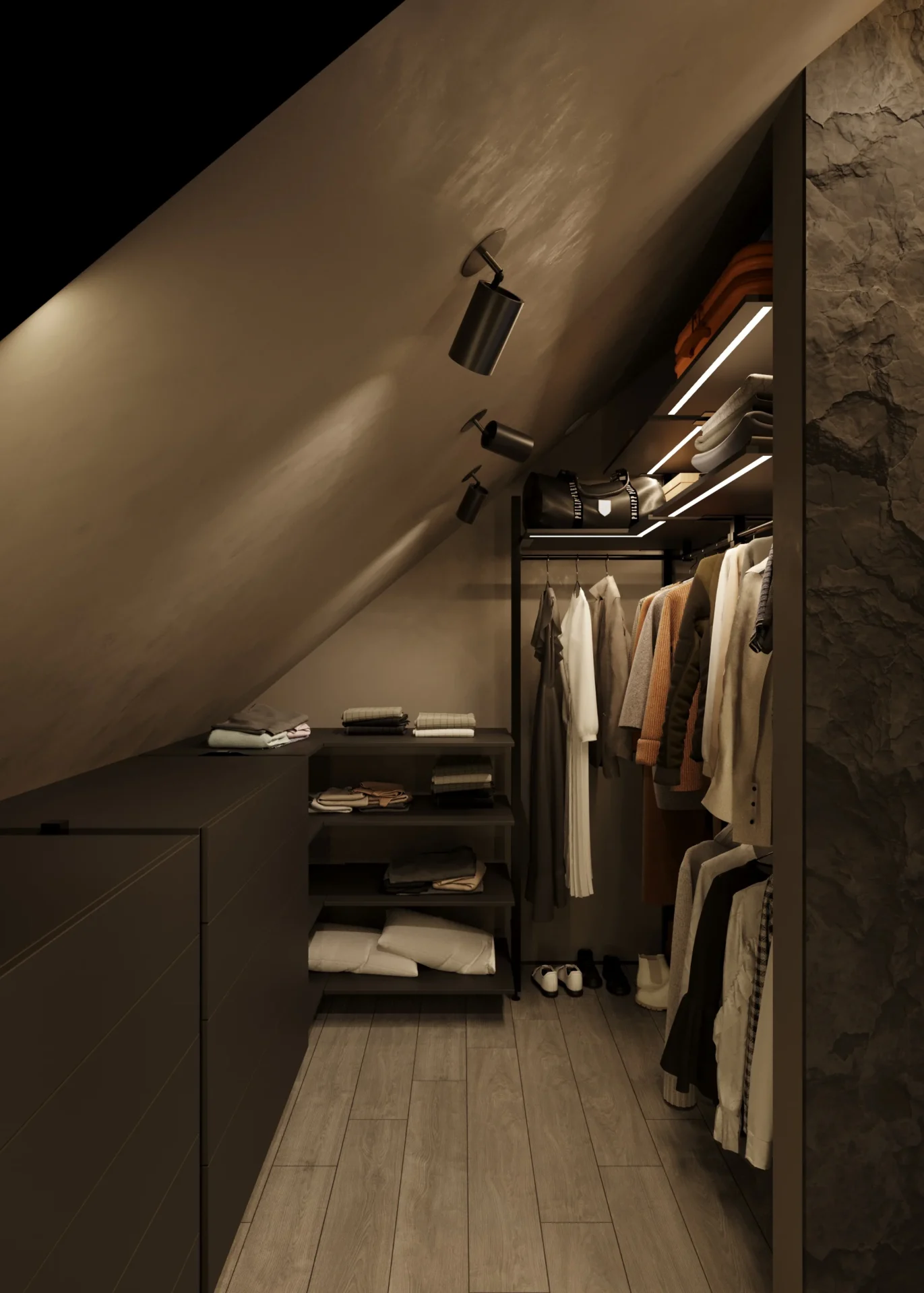 Walk-in closet with angled ceiling, spotlight lighting and large mirror