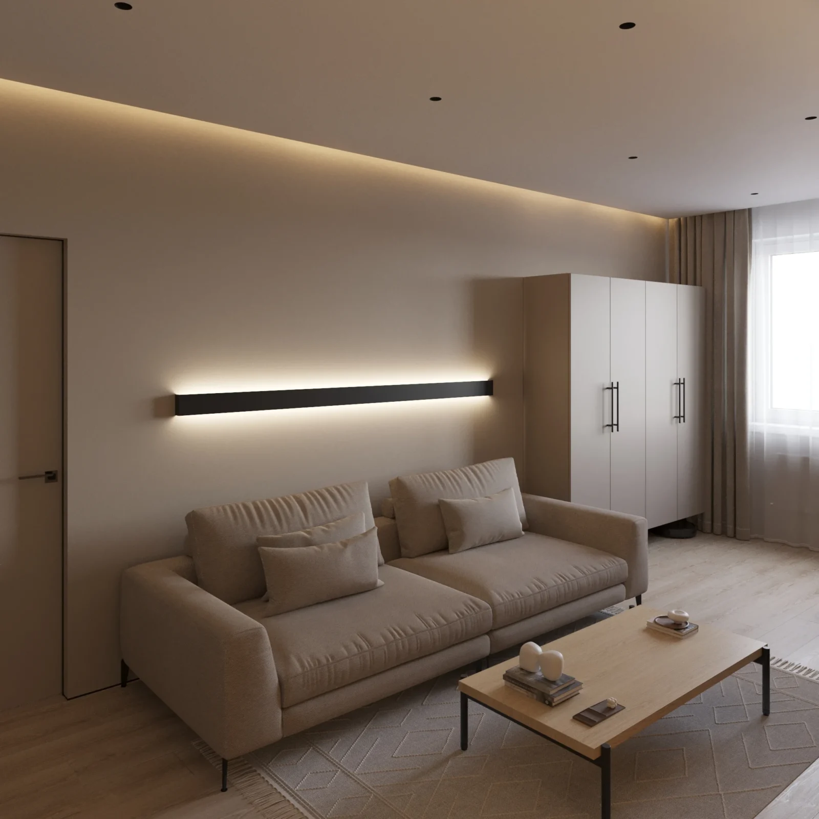 Modern living space with minimalist sofa and ambient light – Heriov Krut apartment