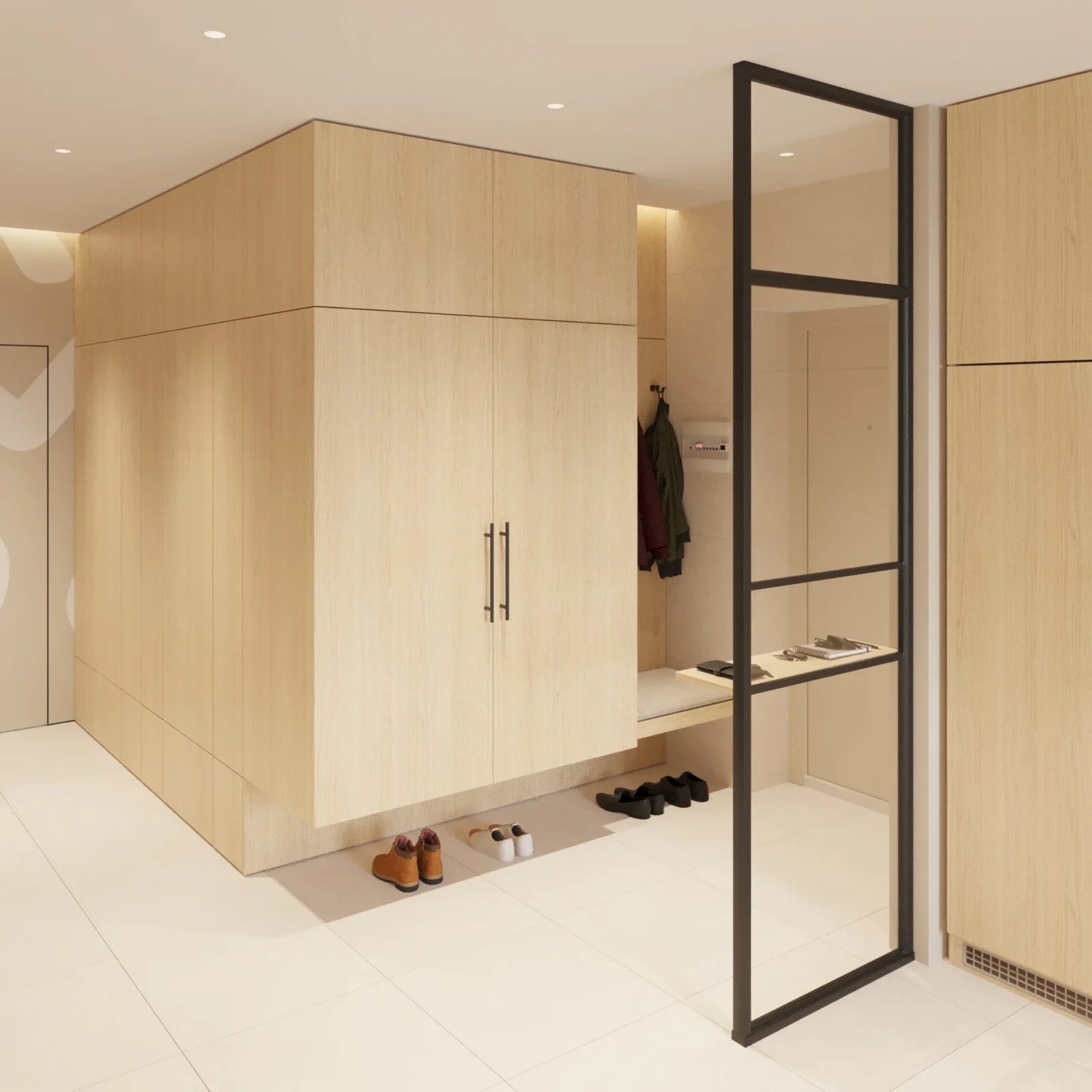 Handleless hallway wardrobe with lighting and a shoe shelf — apartment on Heroiv Krut St