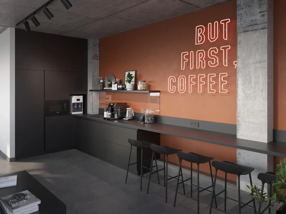 Projekt biura Sheremeta Architect Group. Kuchnia z napisem „Najpierw kawa” autorstwa SPACE DESIGN