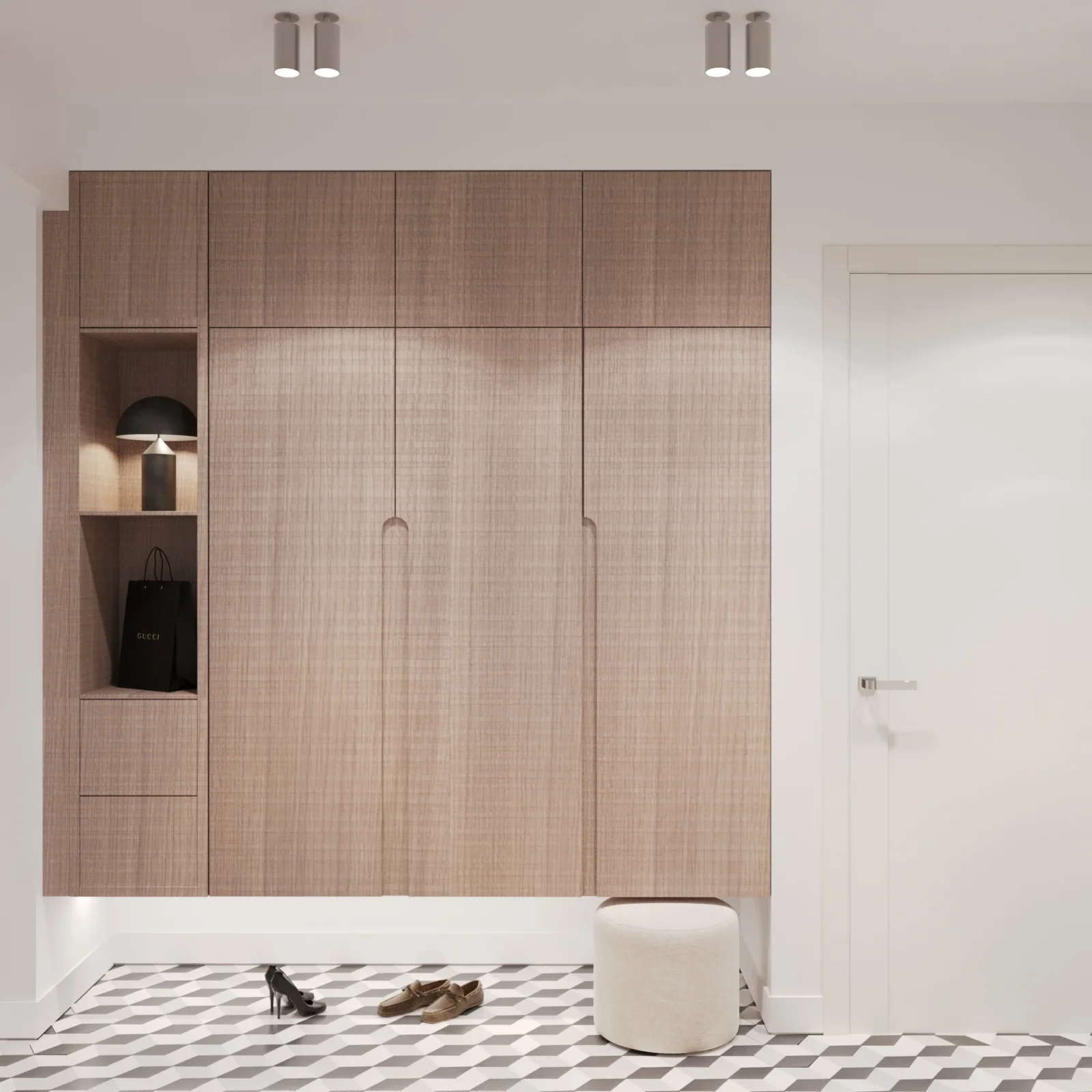 Interior design trends 2026 in a SPACE DESIGN project: modern minimalist entrance hall with geometric tiles and a wooden wardrobe