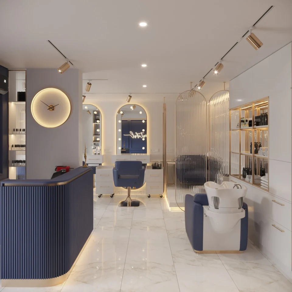 Zona dlia makiyazhu ta myttia holovy v inter’yeri salona krasy u Truskavtsi – dizayn salonu krasy vid Space Design