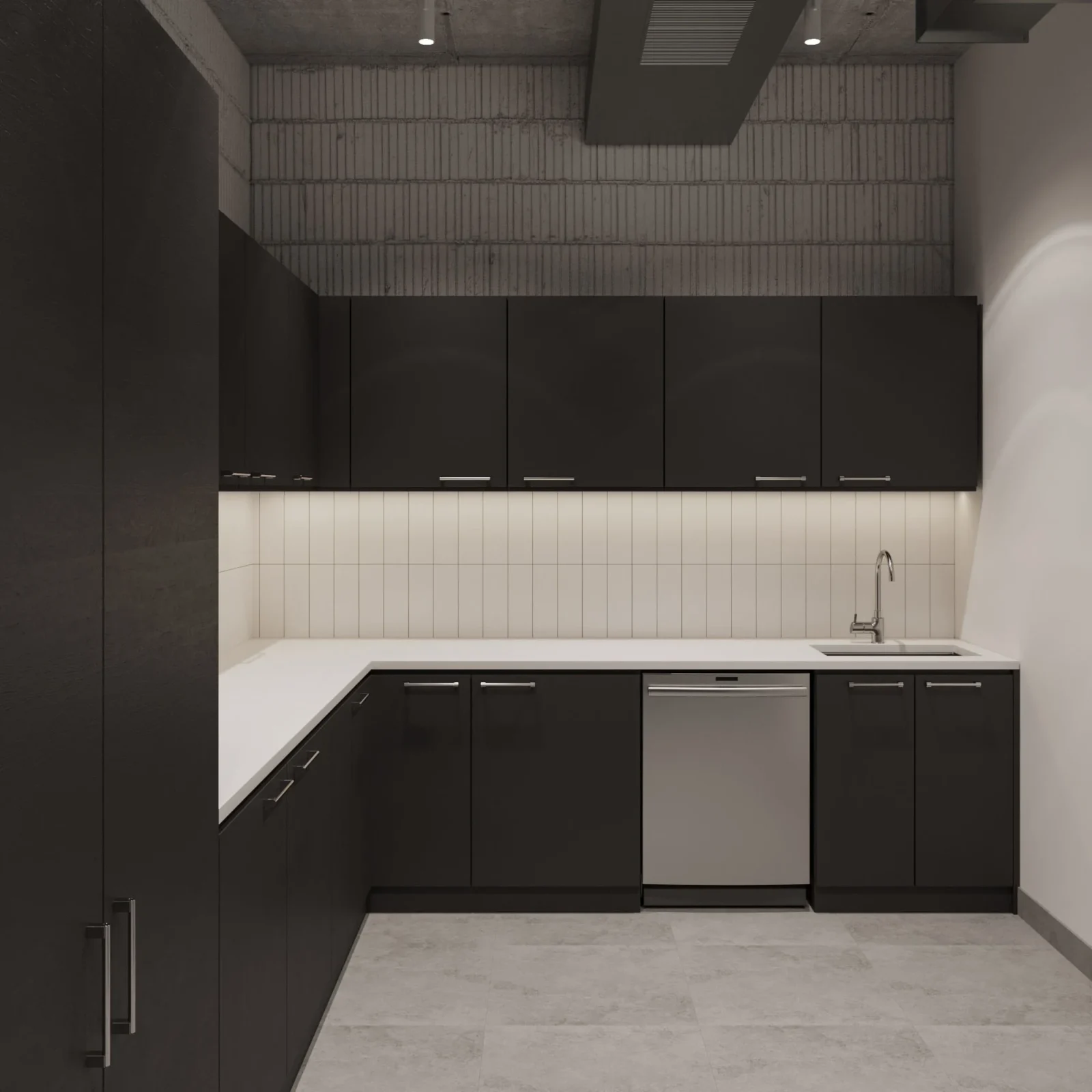 Modern kitchen with dark cabinetry.
