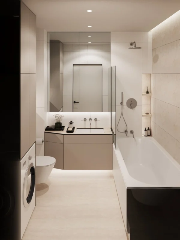 Bathroom: bathtub with a glass screen, lit vanity unit, wall-hung WC and washing machine