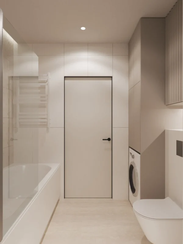 Bathtub, towel rail and a flush-mounted door in the bathroom