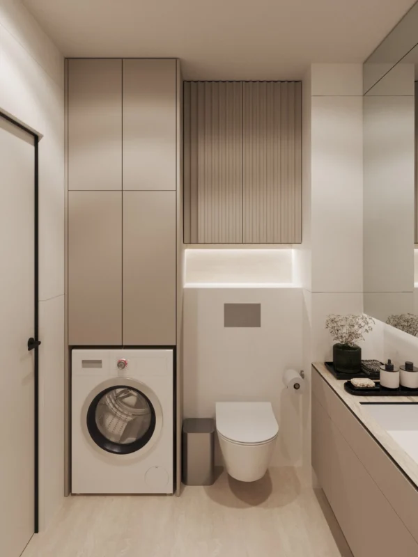 Washing machine in a cabinet column, wall-hung WC and a lit niche