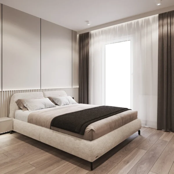 Bedroom: upholstered bed by the window with curtains in a ceiling recess