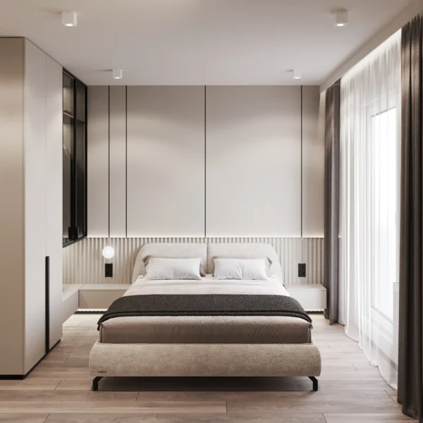 Bed against wall panels with slats and backlighting, a wall light and bedside shelves
