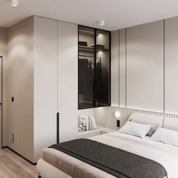 Floor-to-ceiling built-in wardrobe with an open glass section for clothes in the bedroom