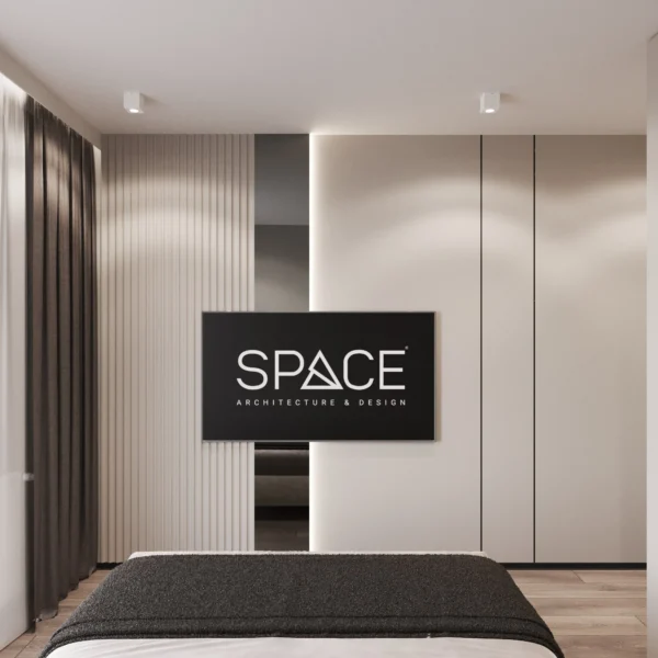 Bedroom TV wall with slatted panels and vertical LED lighting