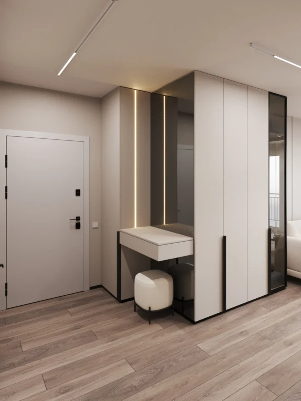 Front door, console with a pouf and a floor-to-ceiling wardrobe with a lit niche