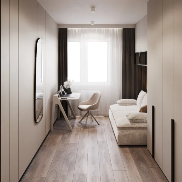 Kids' room: desk by the window, a sofa and a floor-to-ceiling wardrobe with a mirror