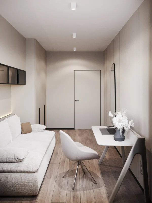 Sofa and a workspace with a swivel chair in the kids' room, glass shelf above the sofa