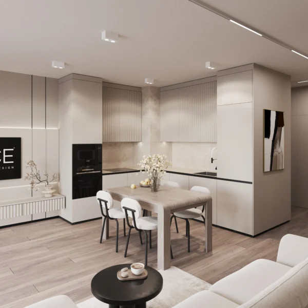 Dining area with four chairs in front of a kitchen with fluted wall cabinets