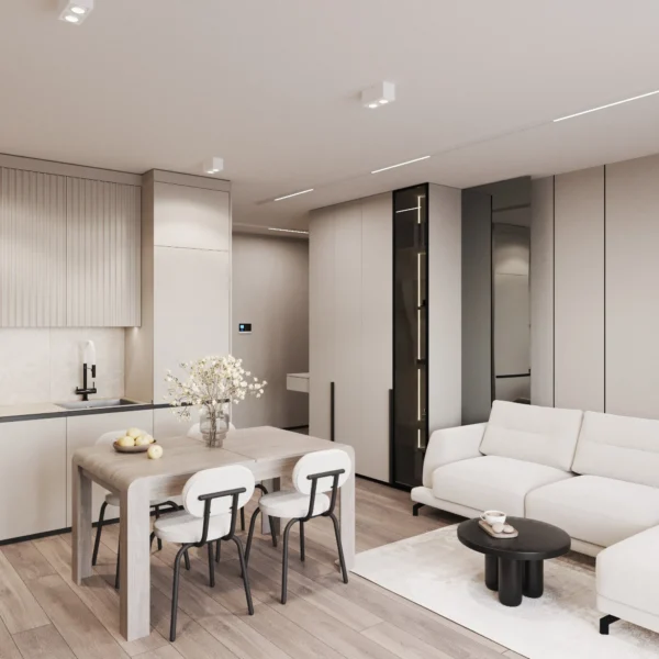 Kitchen with a black mixer tap, dining table and a tinted-glass cabinet in the living area