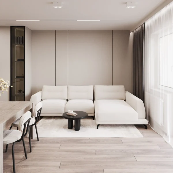 67 m² apartment interior design: living room with a light corner sofa, black coffee table and a floor-to-ceiling panelled wall