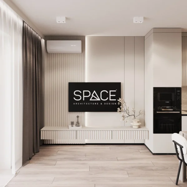 TV wall with slatted panels, wall backlighting and a floating fluted console