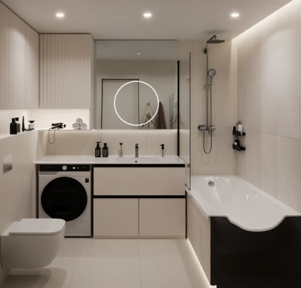 Bathroom: asymmetric bath with shower, vanity with washbasin, washing machine and wall-hung WC