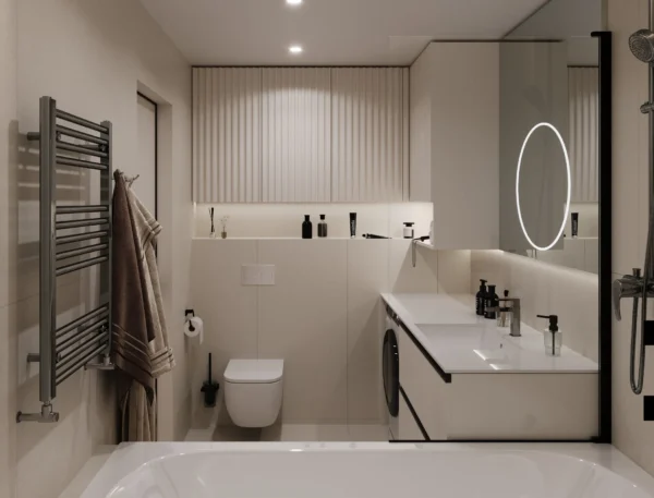 Chrome towel rail, wall-hung WC, an illuminated niche and a mirror with an LED ring