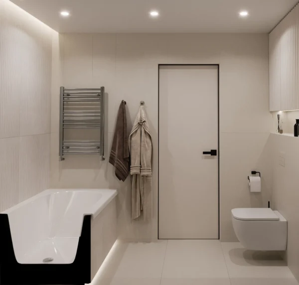 Bath, towel rail, wall-hung WC and a flush-mounted door in the bathroom