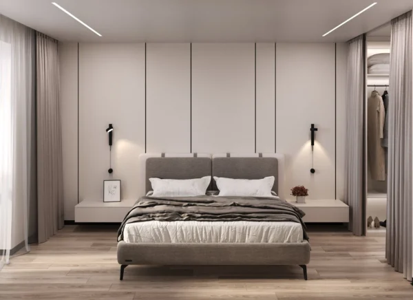 Bedroom: upholstered bed against wall panels, black wall lights and floating bedside tables
