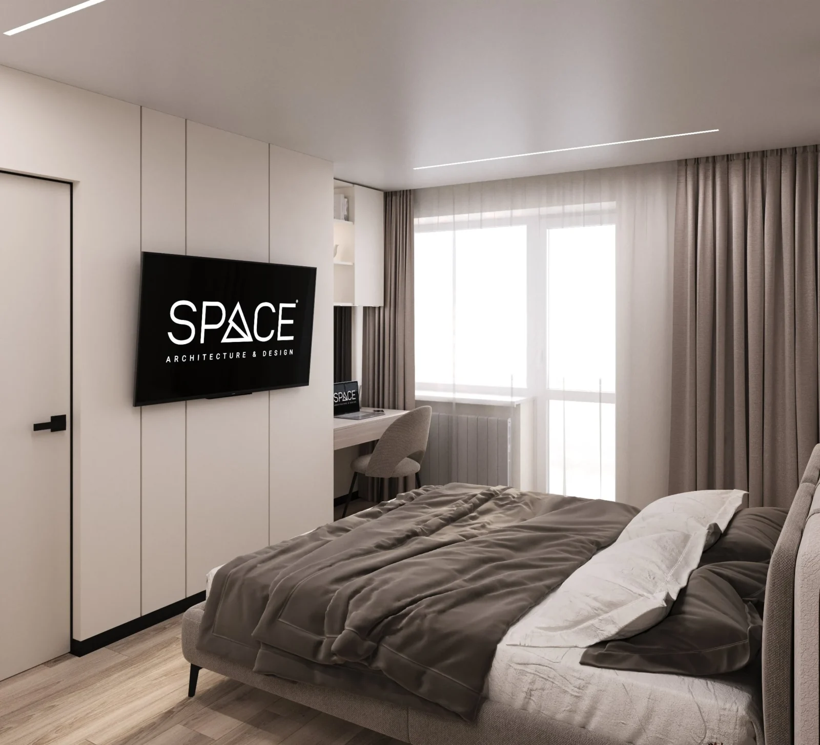 Bedroom with a window, heavy curtains and a TV on a wall of floor-to-ceiling cabinets