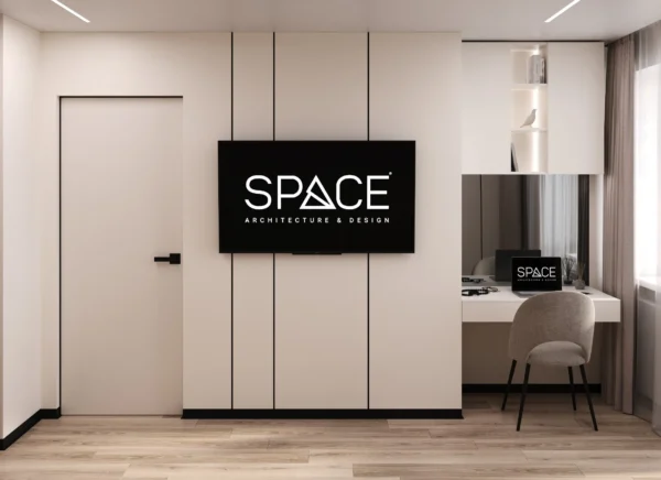 Floor-to-ceiling cabinets with a flush door, a TV and a desk by the window