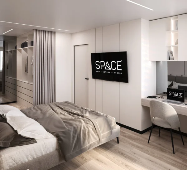Bedroom with a walk-in wardrobe, TV wall and a workspace in a niche by the window