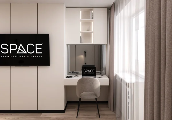 Bedroom workspace: desk top, mirror, illuminated open shelves and a chair
