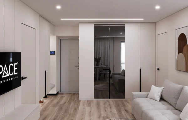 Entrance area: front door, a wardrobe with mirrored doors and a flush door to the bedroom