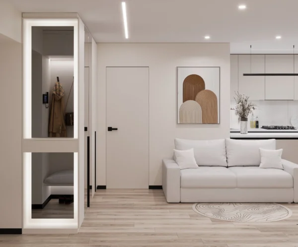 Open illuminated wardrobe by the entrance and a view of the living area with a sofa