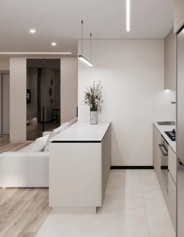 Kitchen island with a white worktop, tiled floor and linear ceiling lights