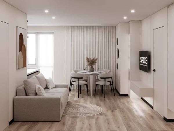 View of the dining area by the window, the TV wall and the sofa in the open-plan studio
