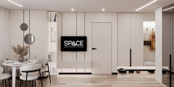 Dining area and TV wall with a floating console, an illuminated shelving unit and a flush door