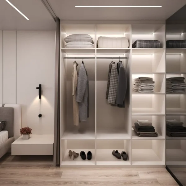 Walk-in wardrobe with open sections, hanging rails and LED-lit shelves
