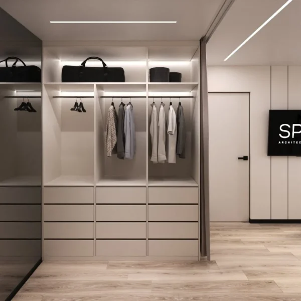 Walk-in wardrobe with drawers, shelves for bags and under-shelf lighting