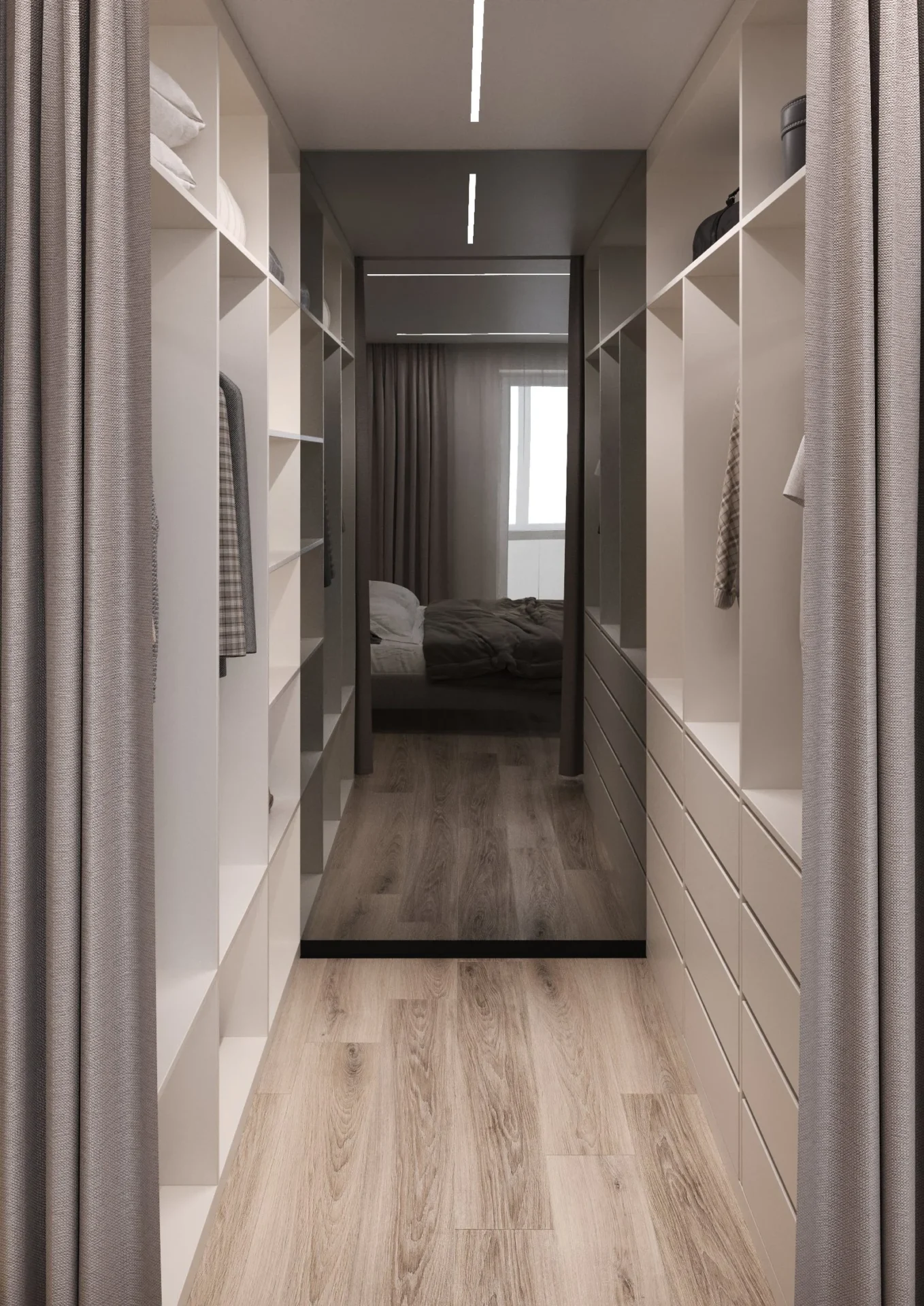 Walk-through wardrobe with an end-wall mirror and open shelving on both sides