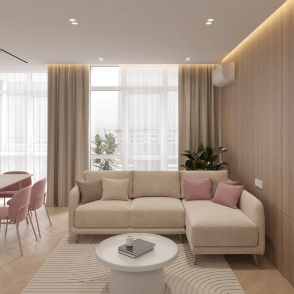 Narożna sofa w salonie na tle drewnianych paneli ściennych i panoramicznych okien