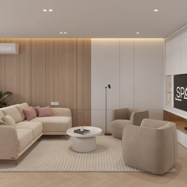 Salon: narożna sofa, beżowe fotele, lampa podłogowa i ściana z drewnianych paneli