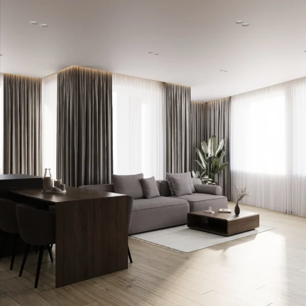 Bar z ciemnego drewna i salon z sofą narożną w świetle dwóch okien