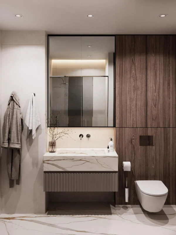 Bathroom: fluted vanity, backlit mirrored cabinet and a wall-hung WC