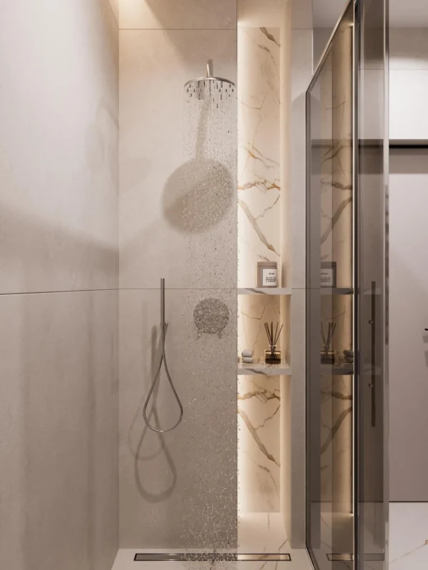 LED-lit shower niche with marble-look porcelain