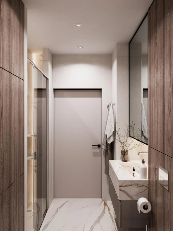 View towards the bathroom door: washbasin, wood panels and marble-look floor