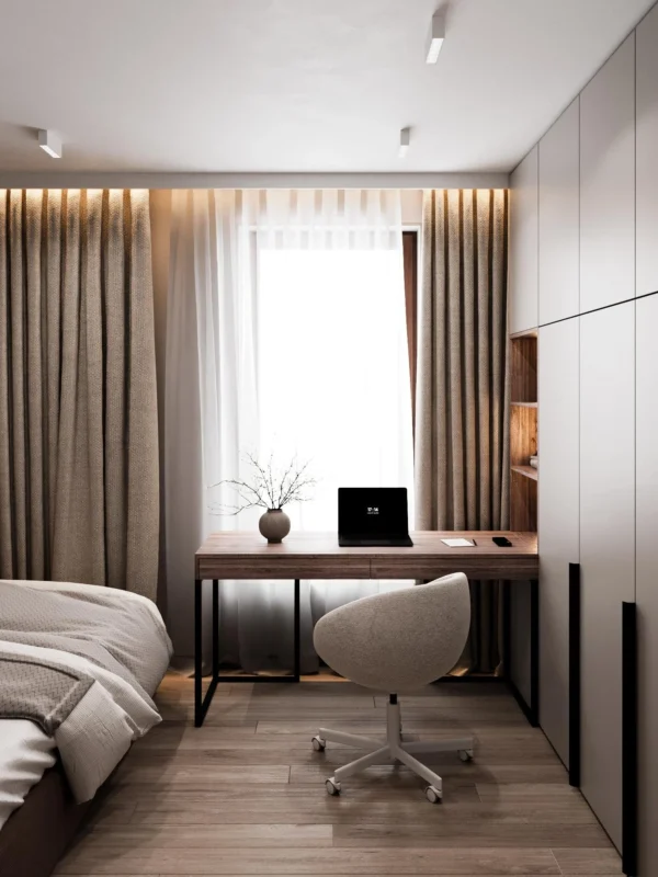 Kids room: desk by the window, a swivel chair and a floor-to-ceiling wardrobe