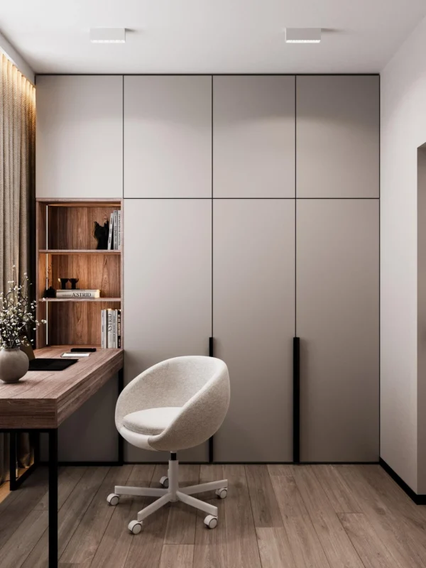 Floor-to-ceiling wardrobe with open shelves and a study area in the kids room