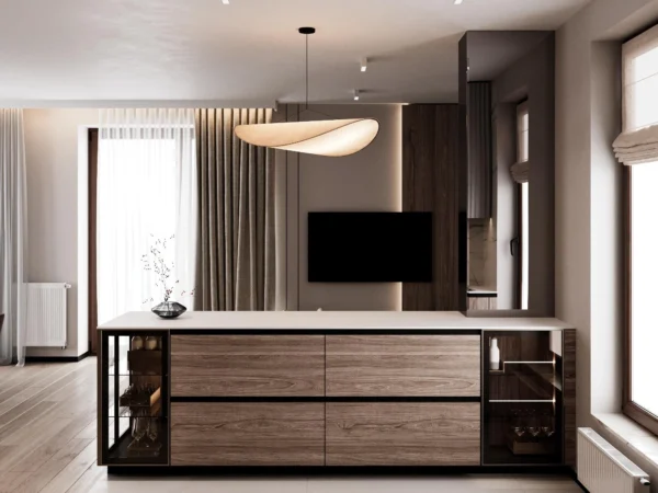 Kitchen island bar counter with wood fronts and glass-front glassware cabinets