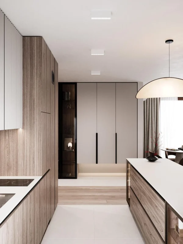 View from the kitchen to the hallway: floor-to-ceiling wardrobes and a glass display cabinet