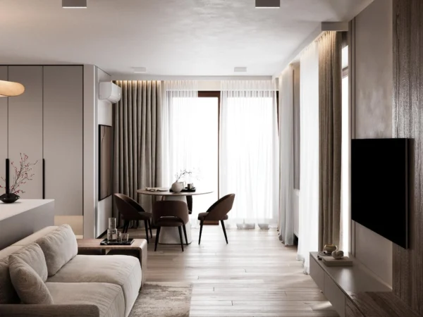 Living room with a sofa, a wood-panelled TV wall and a dining area by the tall window